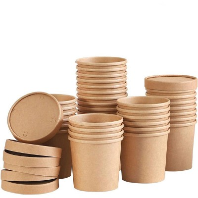 kraft paper soup container with hot soup inside