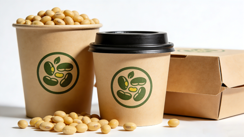 Paper cups and burger boxes printed with soy-based ink.