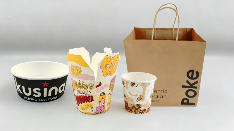 Paper cups, paper bowls, noodle boxes, and paper bags printed with water-based ink.
