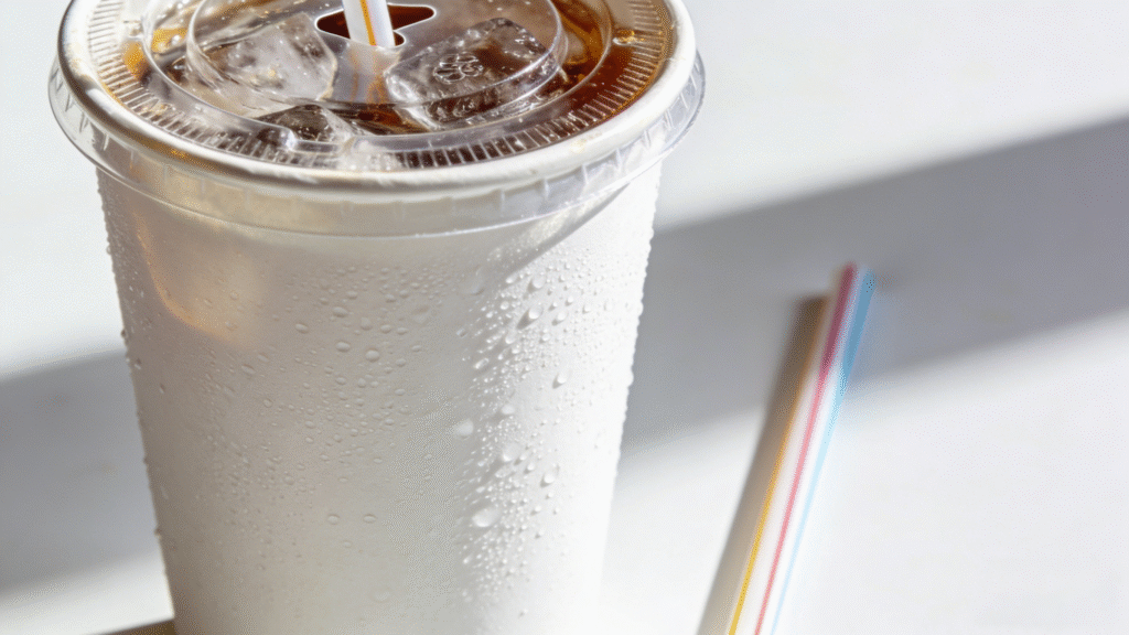Cold beverage paper cups with ice and condensation