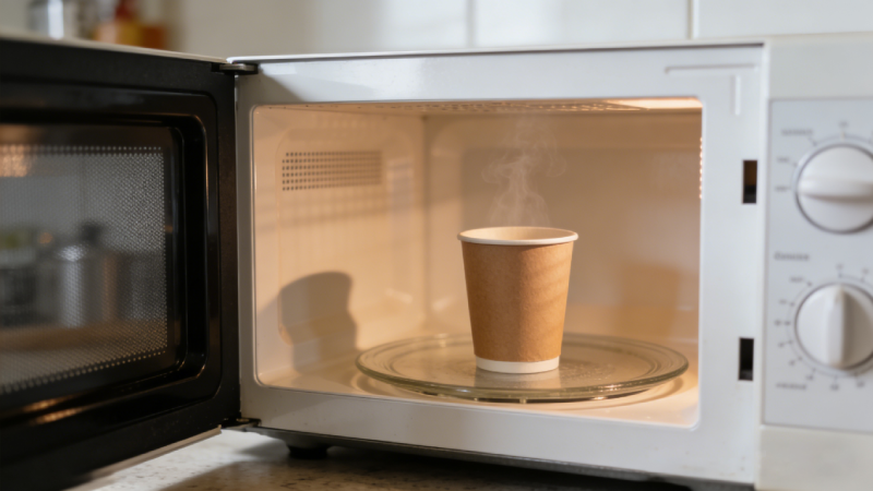 Paper cup inside microwave showing potential safety risk during reheating