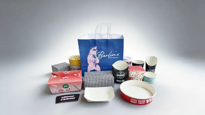 full takeaway meal with paper cup box tray greaseproof paper and bag