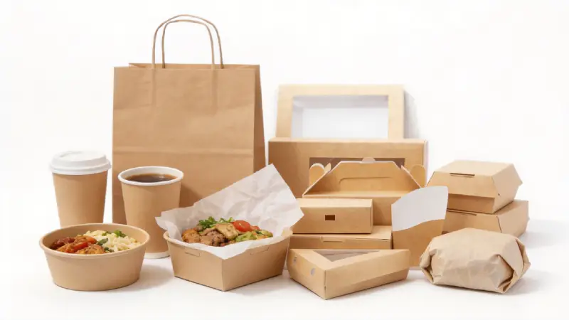 takeaway meal with paper cup box bowl and bag