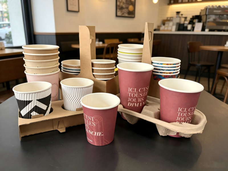 Paper packaging solutions used by coffee shops including cups sleeves carriers and bags