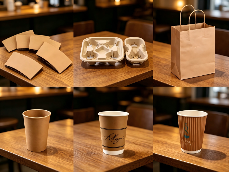 Complete coffee shop paper packaging products including cups sleeves and carriers