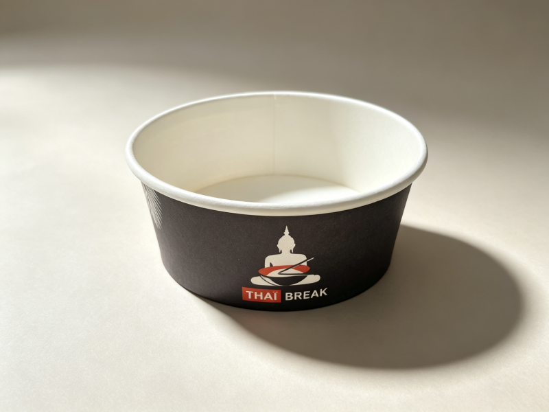 Custom printed disposable paper bowls with logo, matte finish, and full-color branding