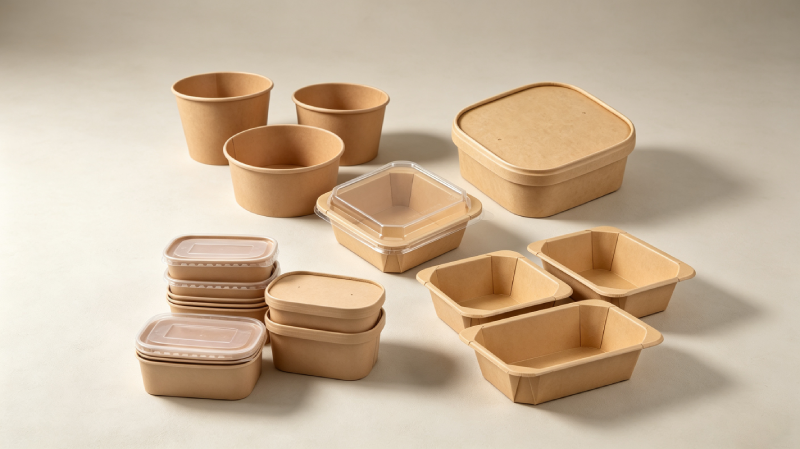 Various disposable paper bowls for takeaway food in round, square, and octagonal designs with matching lids